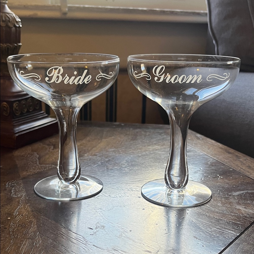 Vintage Bride & Groom Coupe Champagne Glass Set
